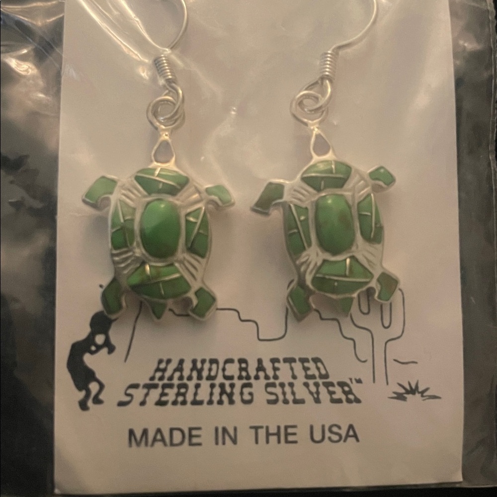 Handcrafted Sterling Silver Green Turtle Earrings